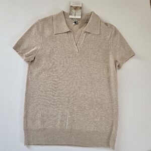 Arach & Cloz Collared Short Sleeve Cream Color Light Sweater Size Medium NWT